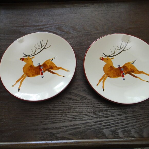 2 Longaberger Reindeer Appetizer Salad Bread Plates Christmas Holiday Plate 7.5" - Picture 6 of 6